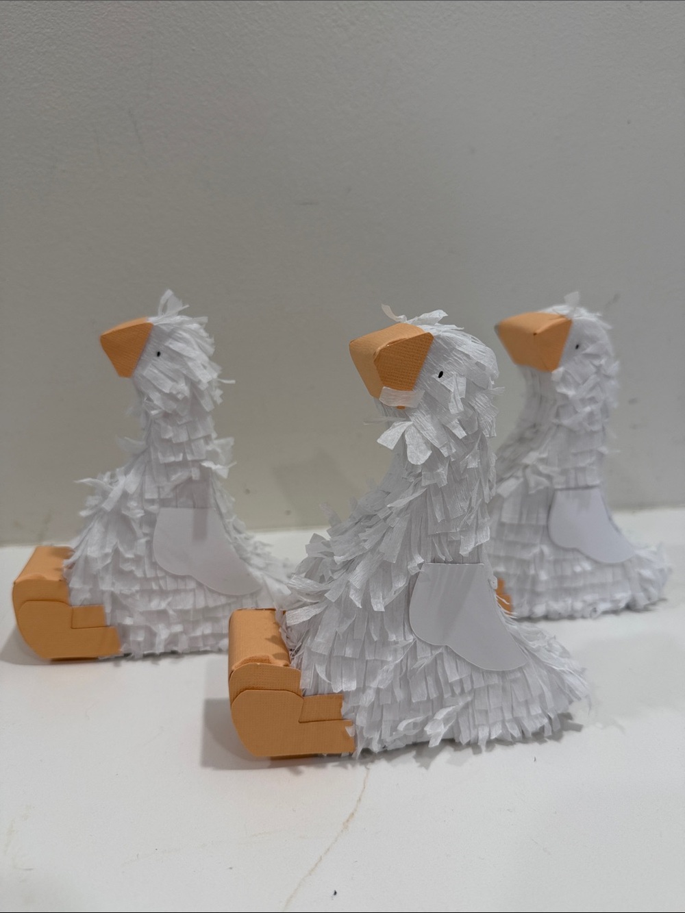 White Paper Fringe Goose Figurines with Orange Beaks and Feet (Set of 3)